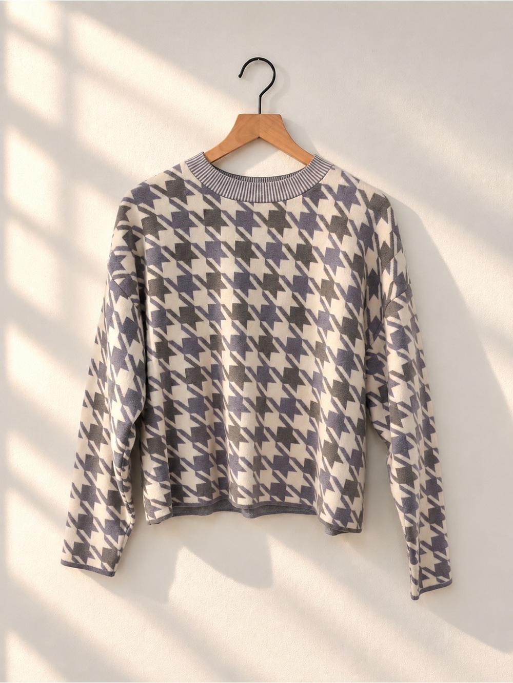 Lilac Houndstooth Crew Neck Sweater Preppy Boxy Soft Knit Med